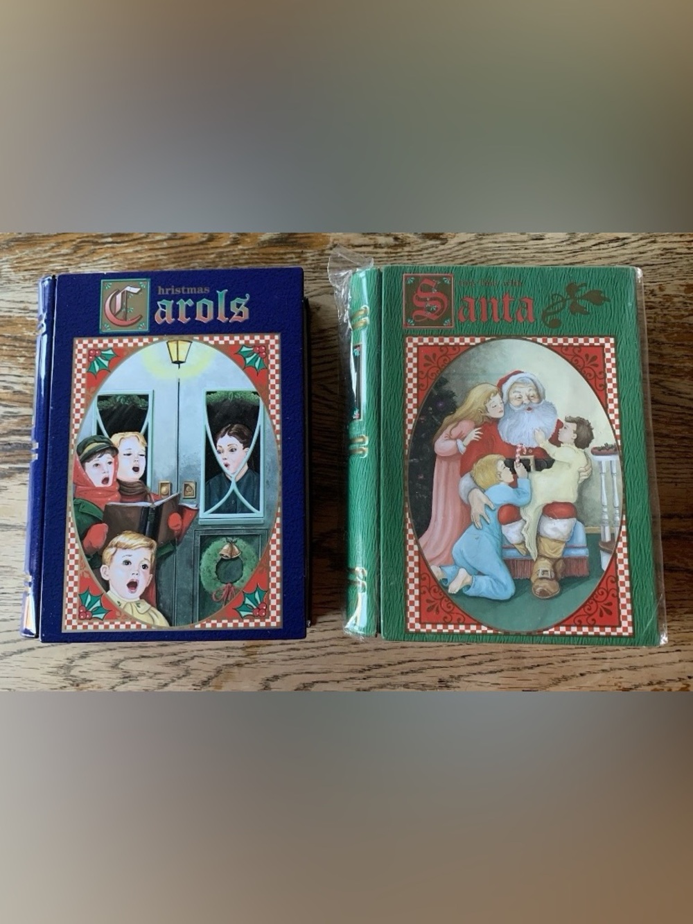Set Of 2 Christmas Book Shaped Tins Holiday Decor Santa Green Blue